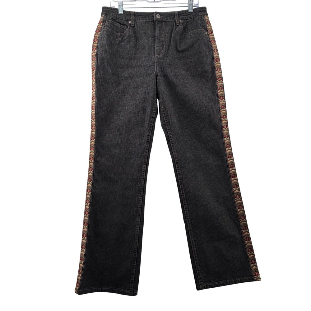 Coldwater Creek Jeans Women 14 Black Southwest Aztec Striped High Rise Denim Y2K